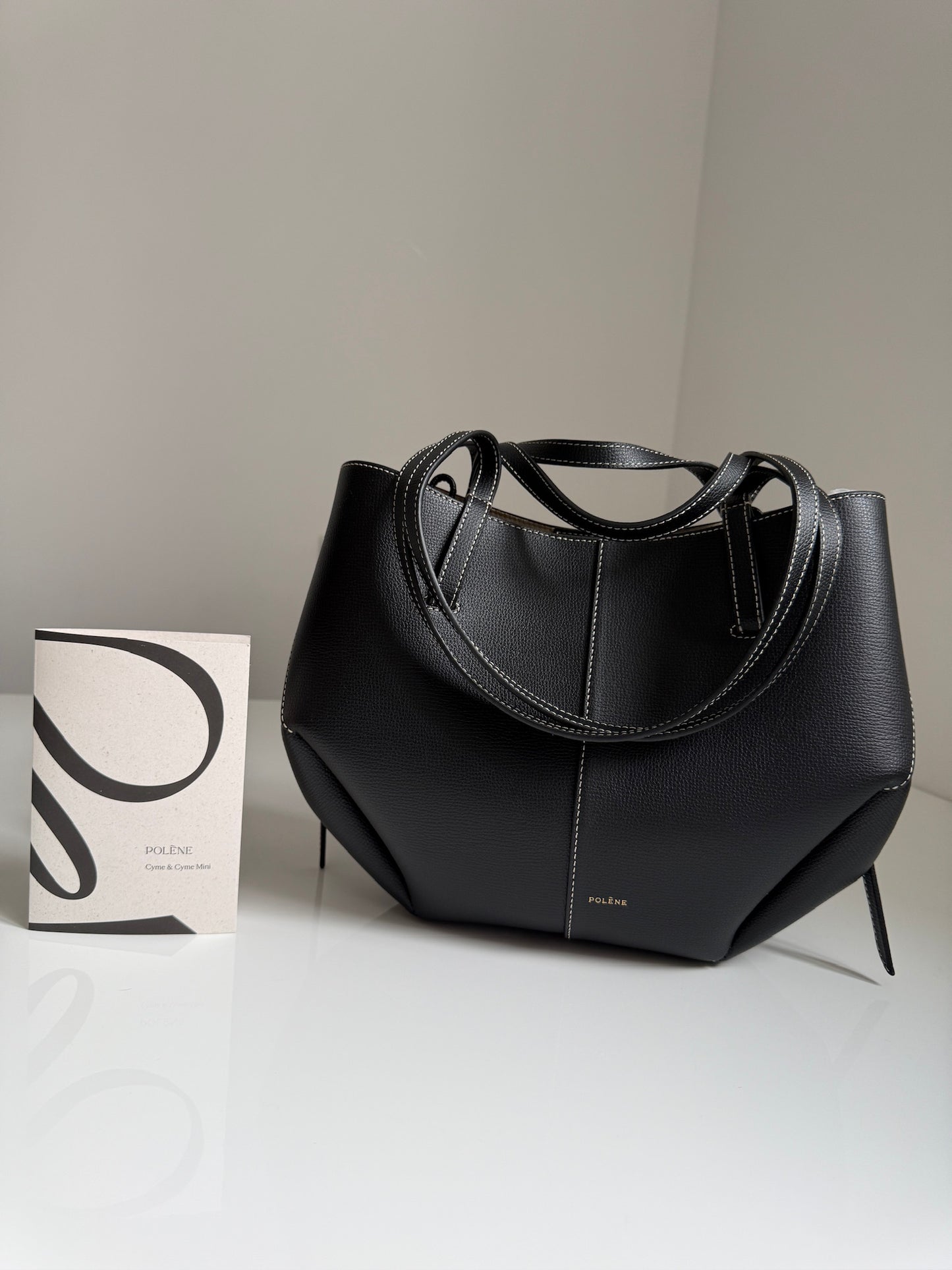Polène Cyme Mini – Black With Ecru Stitching