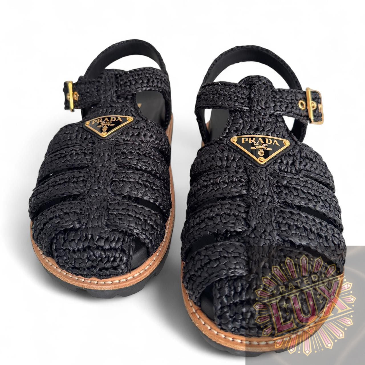 Prada Triangle Logo Woven Sandals