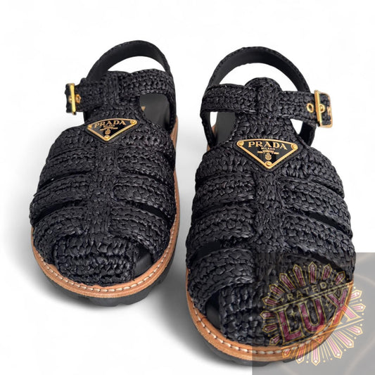 Prada Triangle Logo Woven Sandals