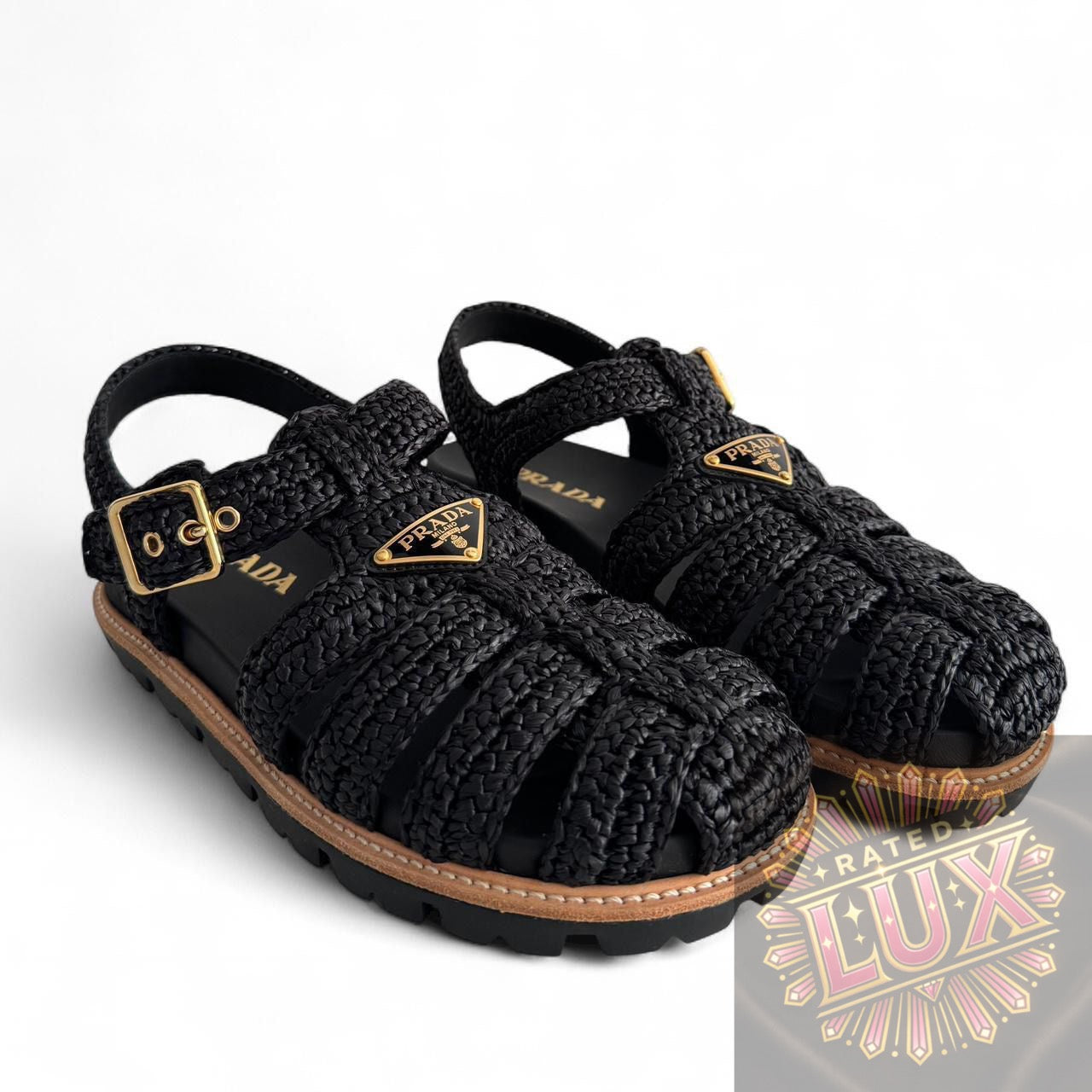 Prada Triangle Logo Woven Sandals
