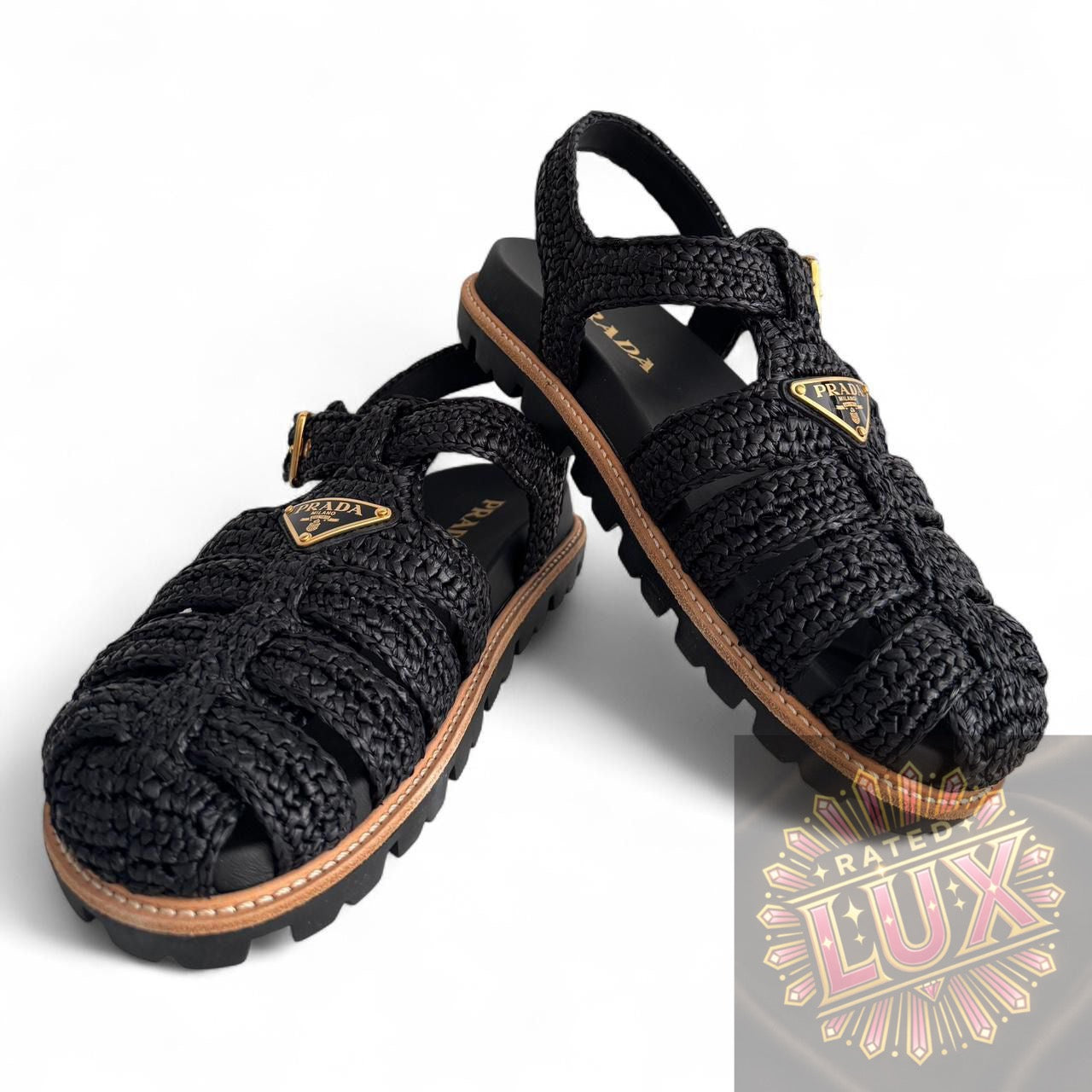 Prada Triangle Logo Woven Sandals