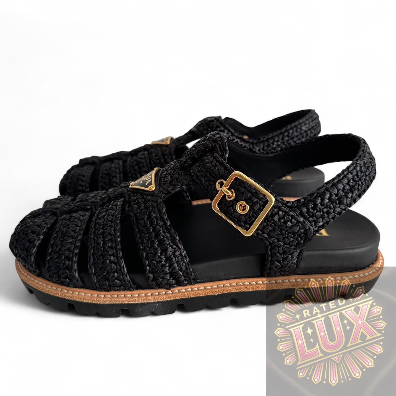 Prada Triangle Logo Woven Sandals