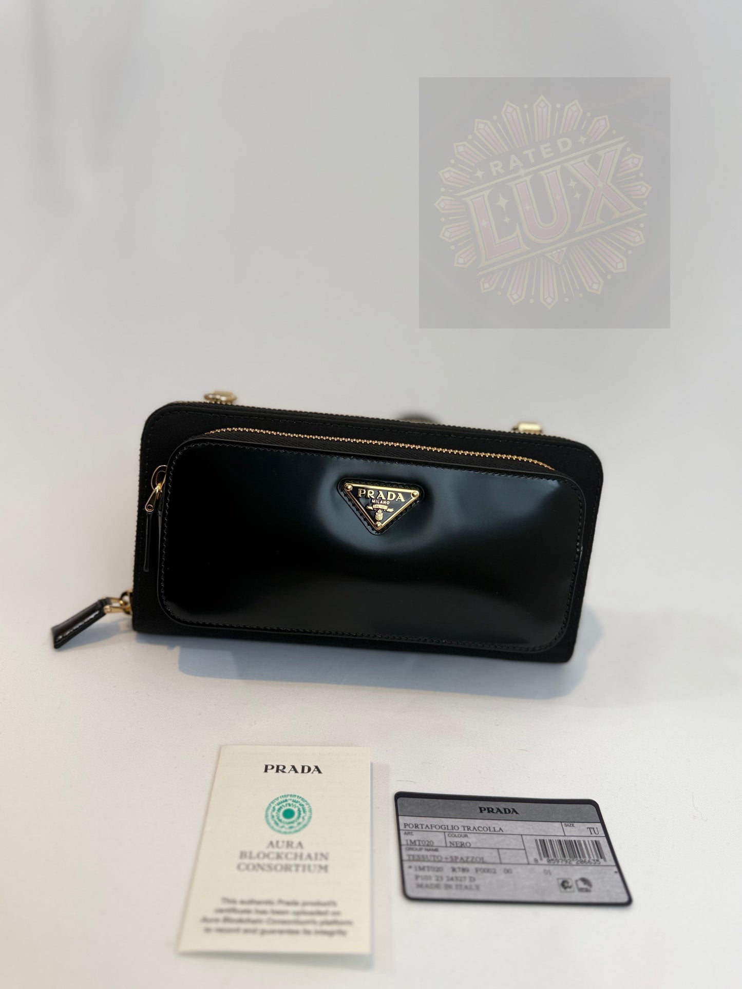 Prada Brushed Leather Re-Nylon Wallet On Chain