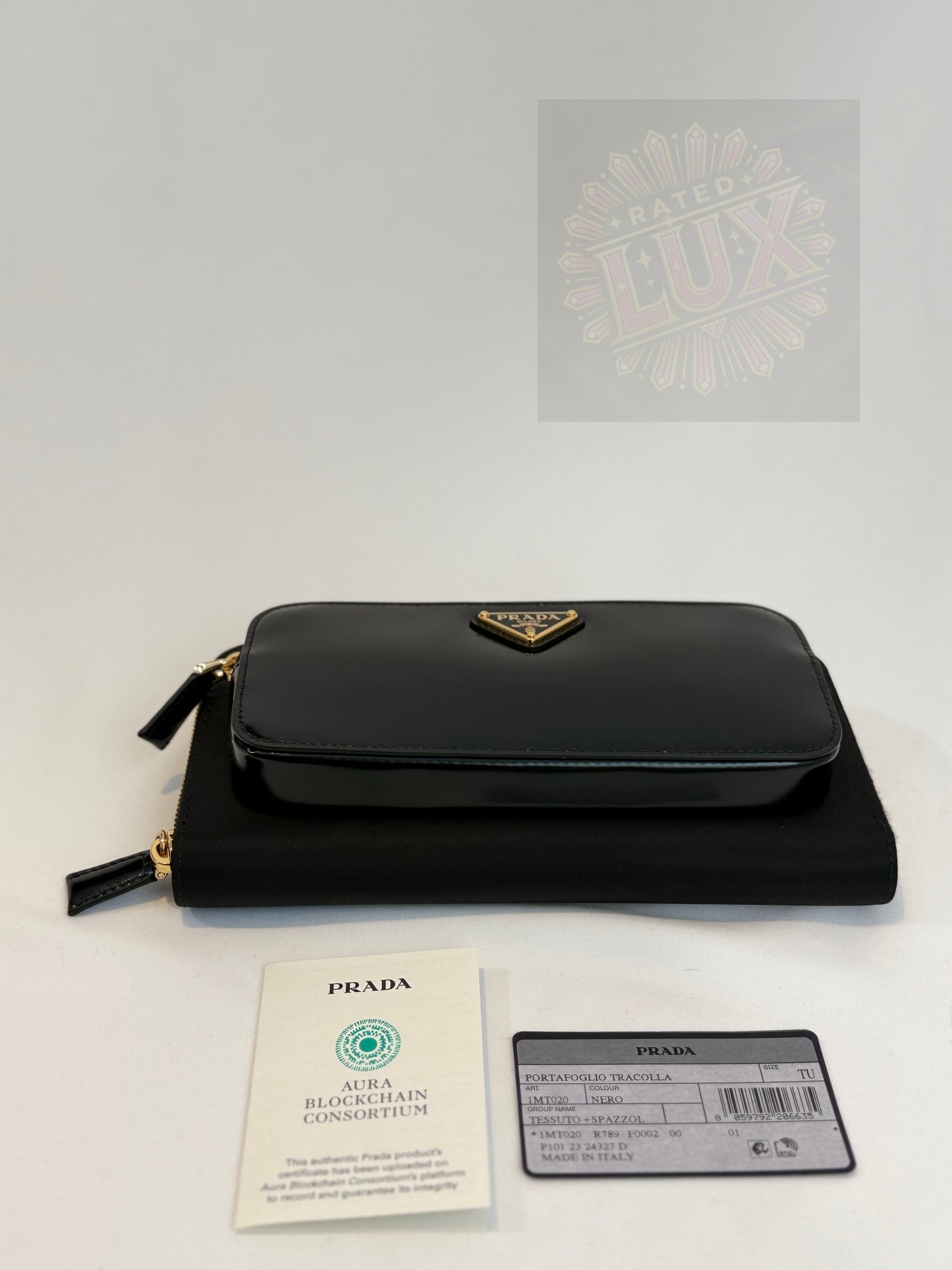 Prada Brushed Leather Re-Nylon Wallet On Chain