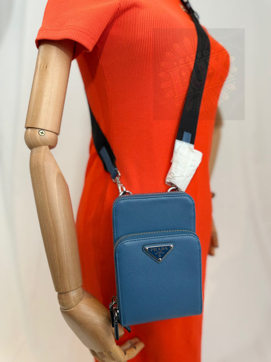 Prada Saffiano Leather Crossbody Phoneholder - Blue.