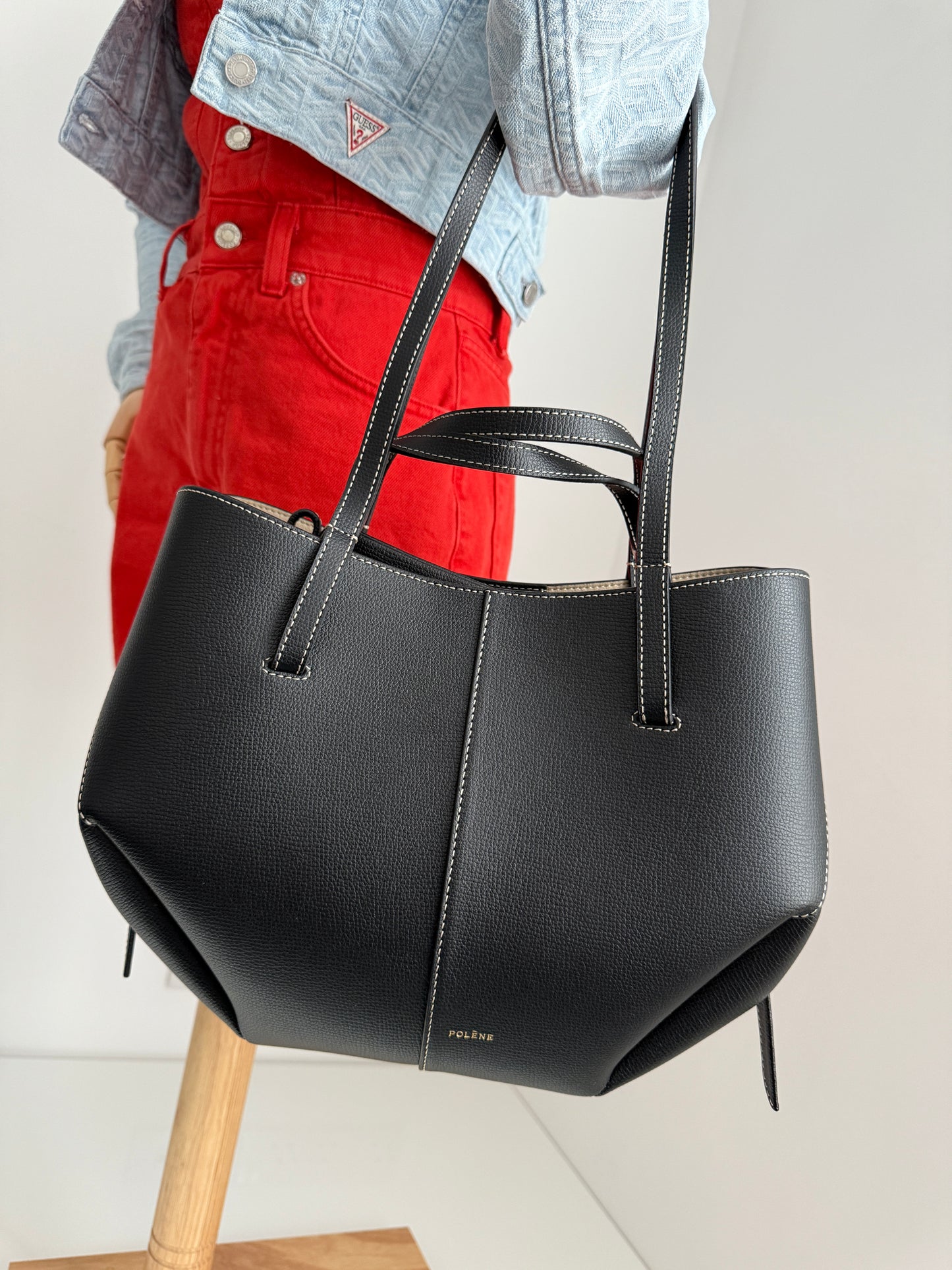 Polène Cyme Mini – Black With Ecru Stitching