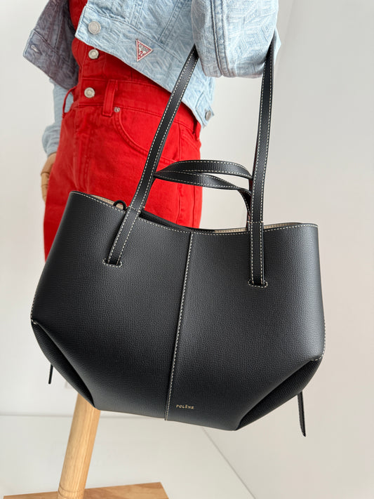 Polène Cyme Mini – Black With Ecru Stitching