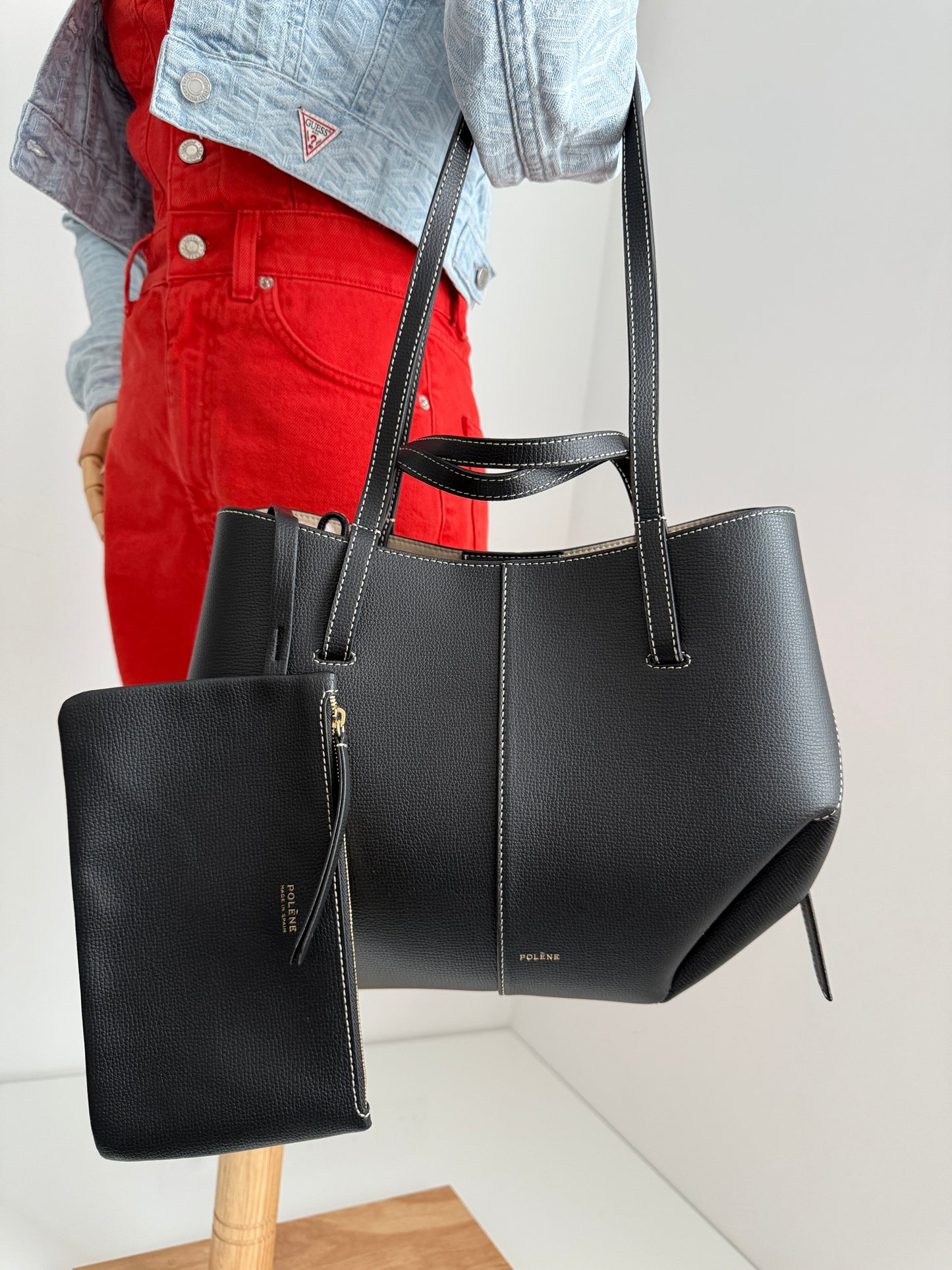 Polène Cyme Mini – Black With Ecru Stitching